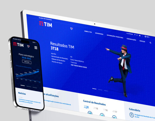 Layout inovador do site TIM RI com secção Motivos para Investir, criado por Denisson Sousa.