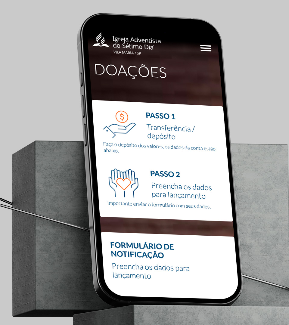 Layout na versão mobile do site dos Adventistas Vila Maria, do canal de Doações, desenvolvido por Denisson Sousa.