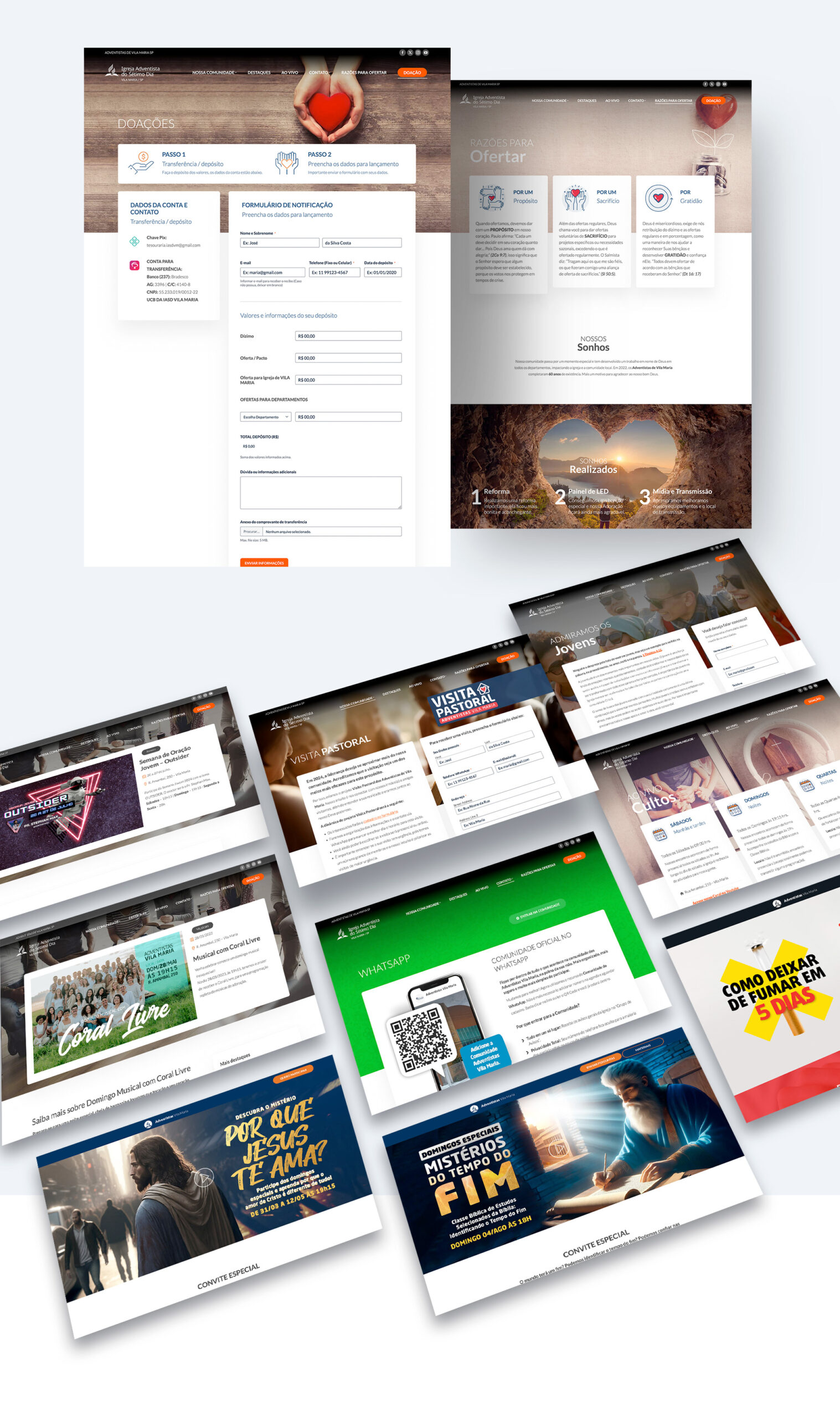 Telas dos canais internos do site dos Adventistas Vila Maria, criadas por Denisson Sousa.