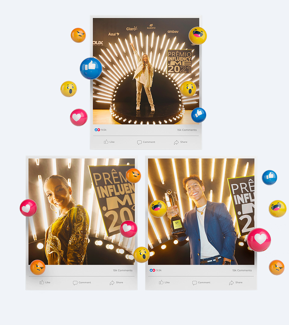 Elementos visuais para apresentar o Prêmio Influency.me, desenvolvido pelo Denisson Sousa.