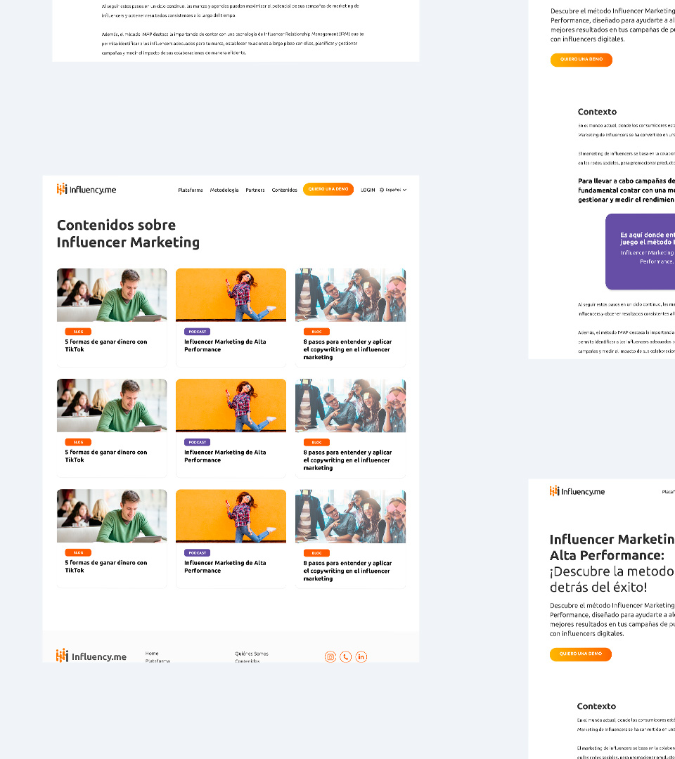 Telas do site Influency.me LATAM, com destaque para o canal do Blog.