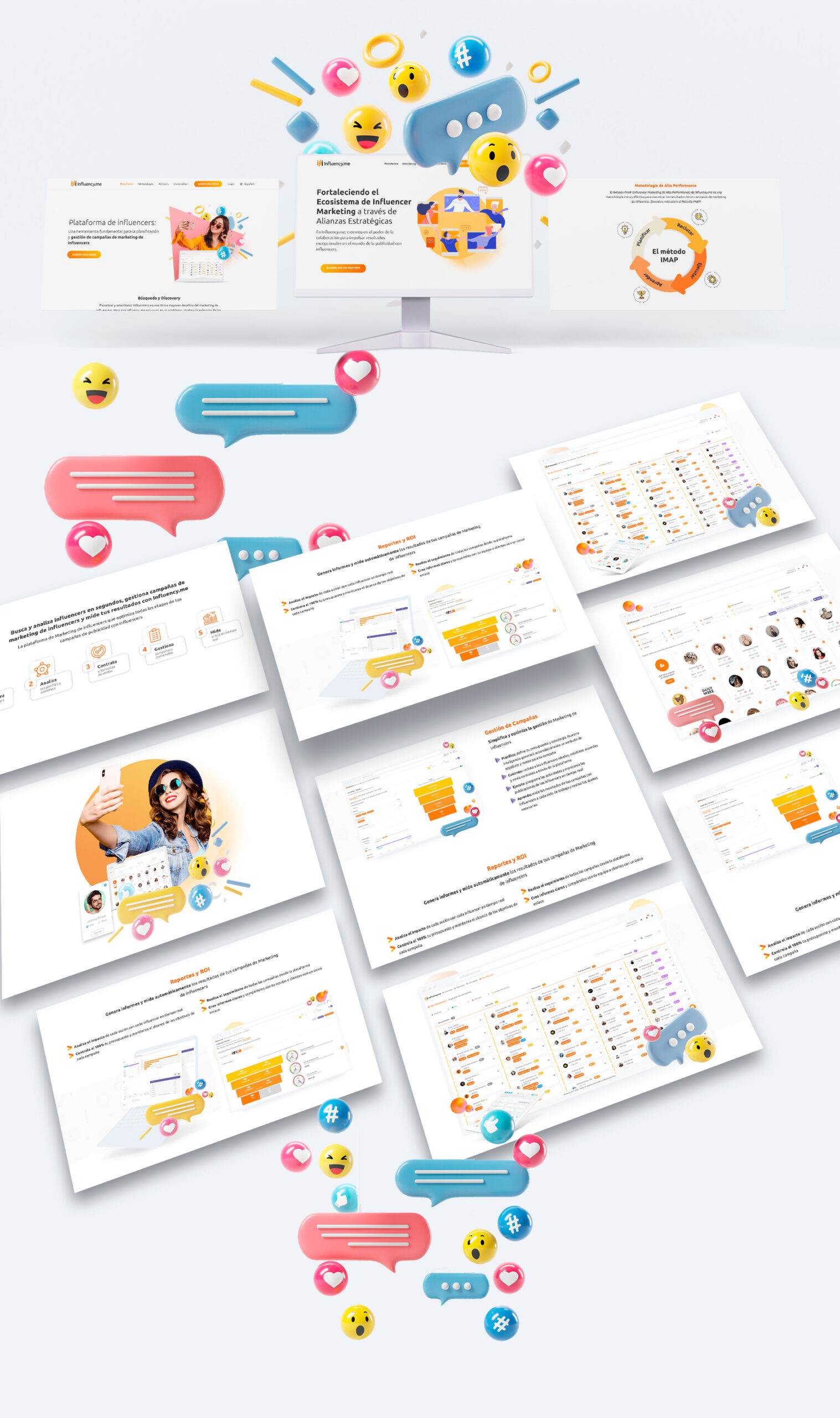 Telas do site com os elementos criados para o Influency.me LATAM, desenvolvido por Denisson Sousa.