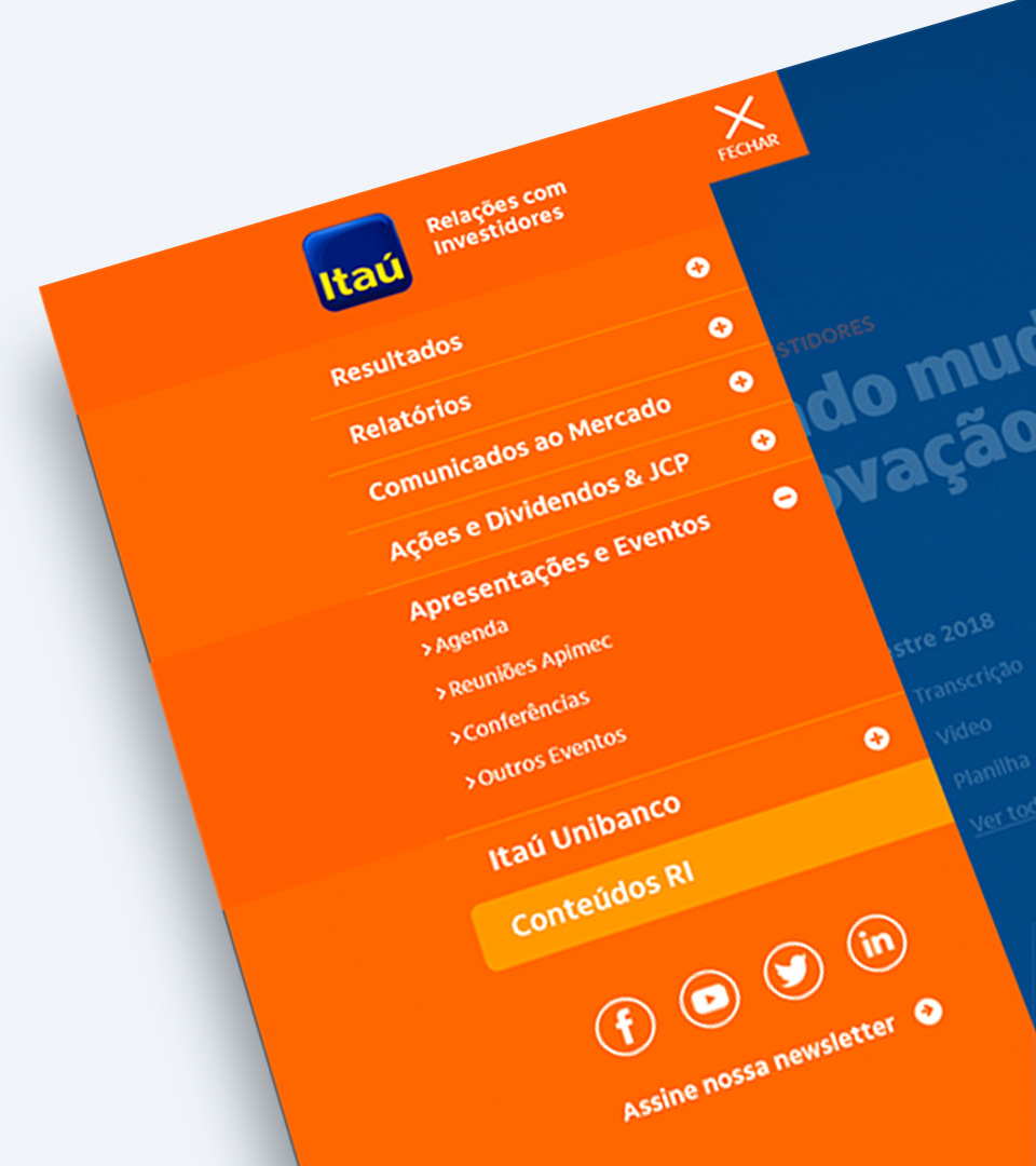 Menu hamburger aberto com os canais do site do ITAÚ RI, desenvolvido por Denisson Sousa