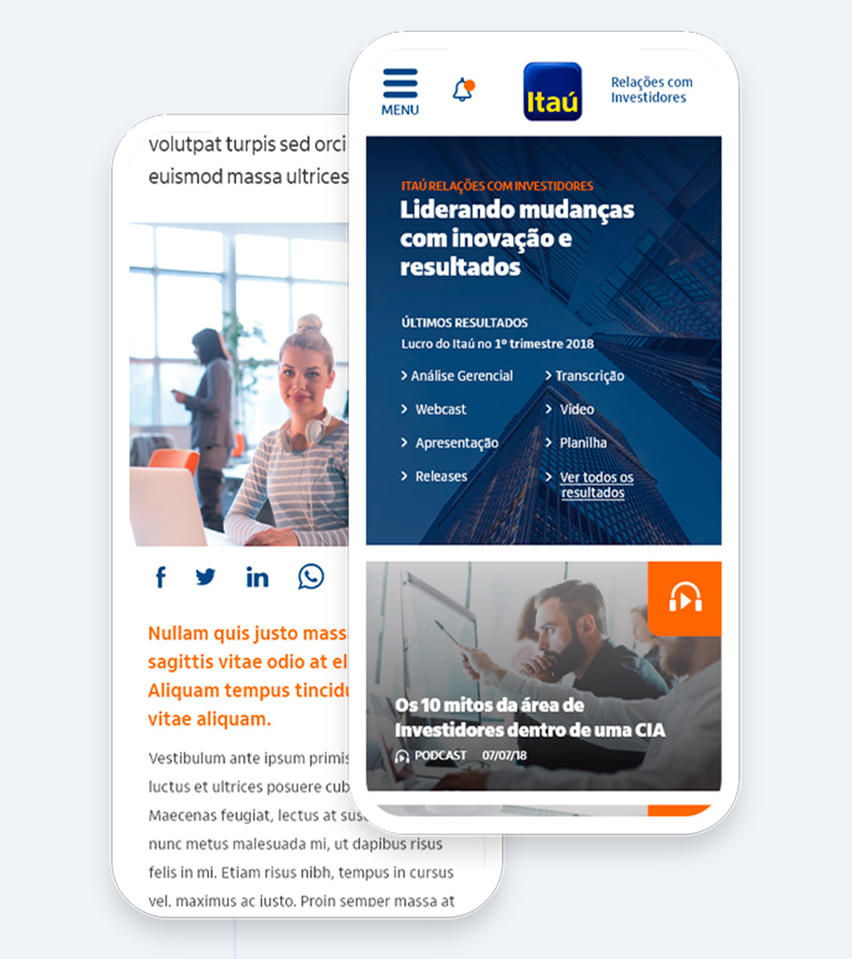 Versão mobile do site ITAÚ RI, desenvolvido pelo Denisson Sousa.