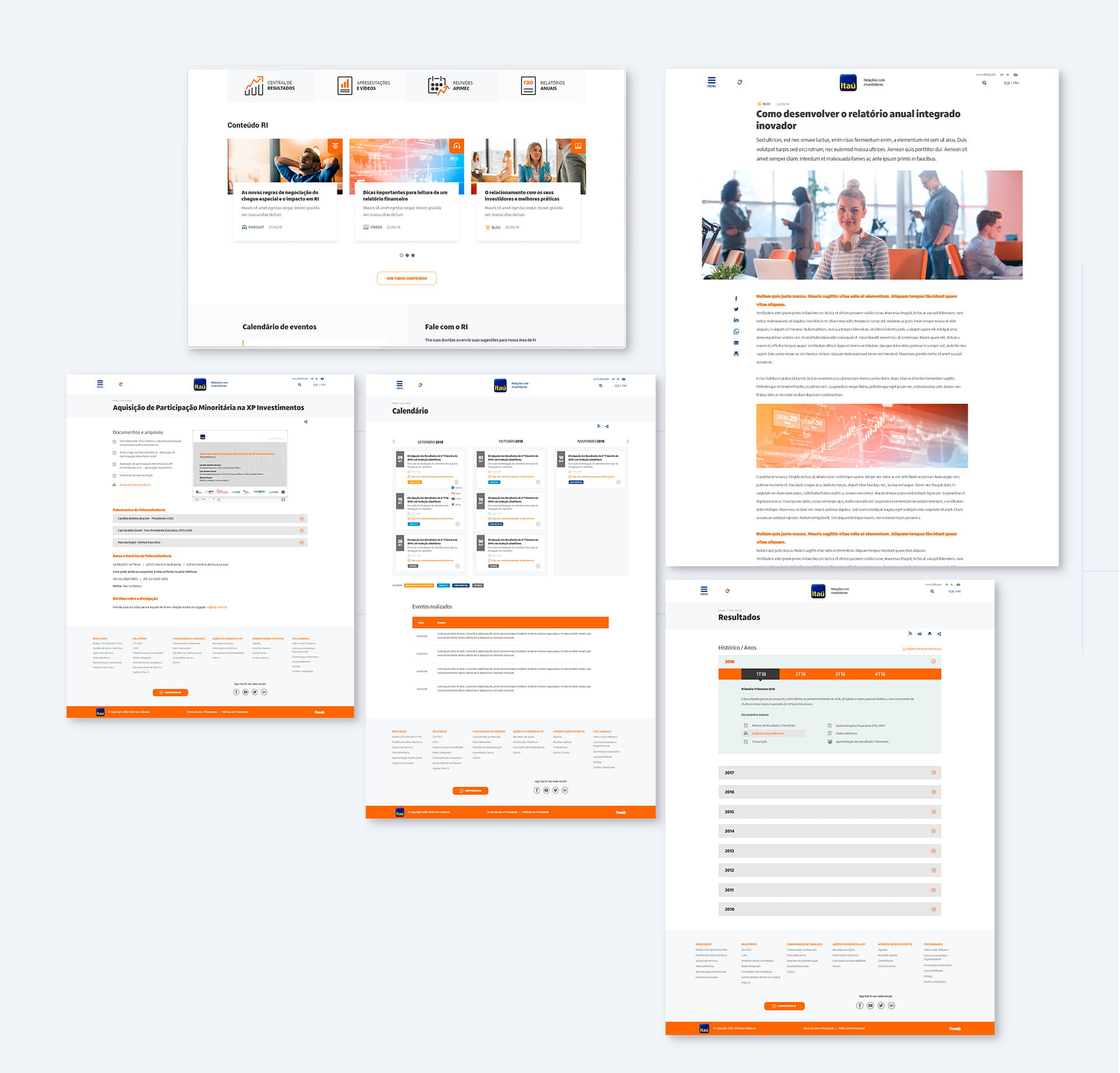Telas dos canais internos do site do ITAÚ RI, monstrando os canais de Agenda, Blog Post e Central de Resultados.