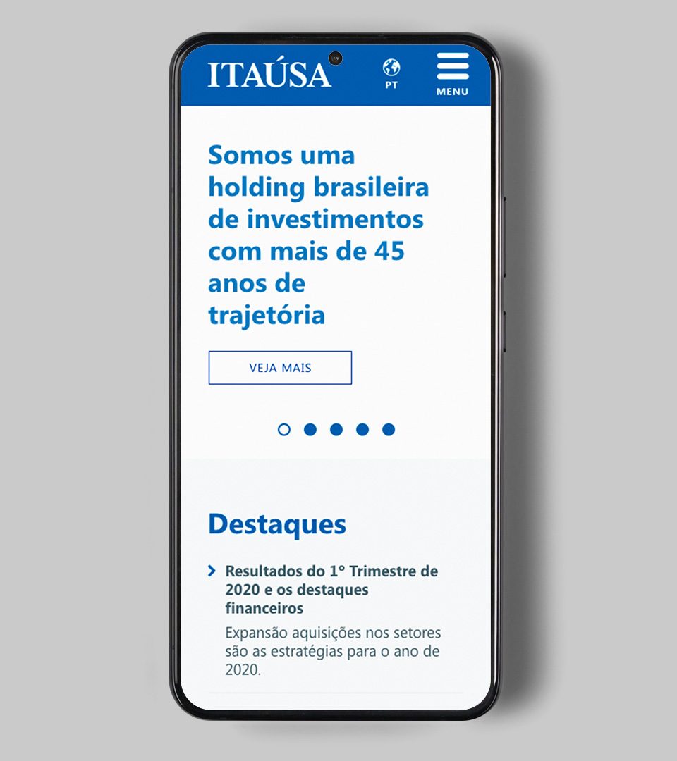 Versão mobile do site ITAÚSA, desenvolvido por Denisson Sousa.