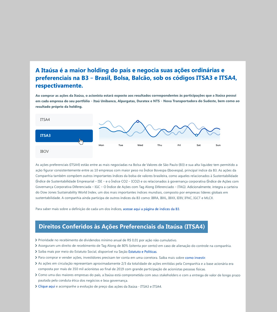 Layout do canal de Destaques financeiros do Itaúsa.
