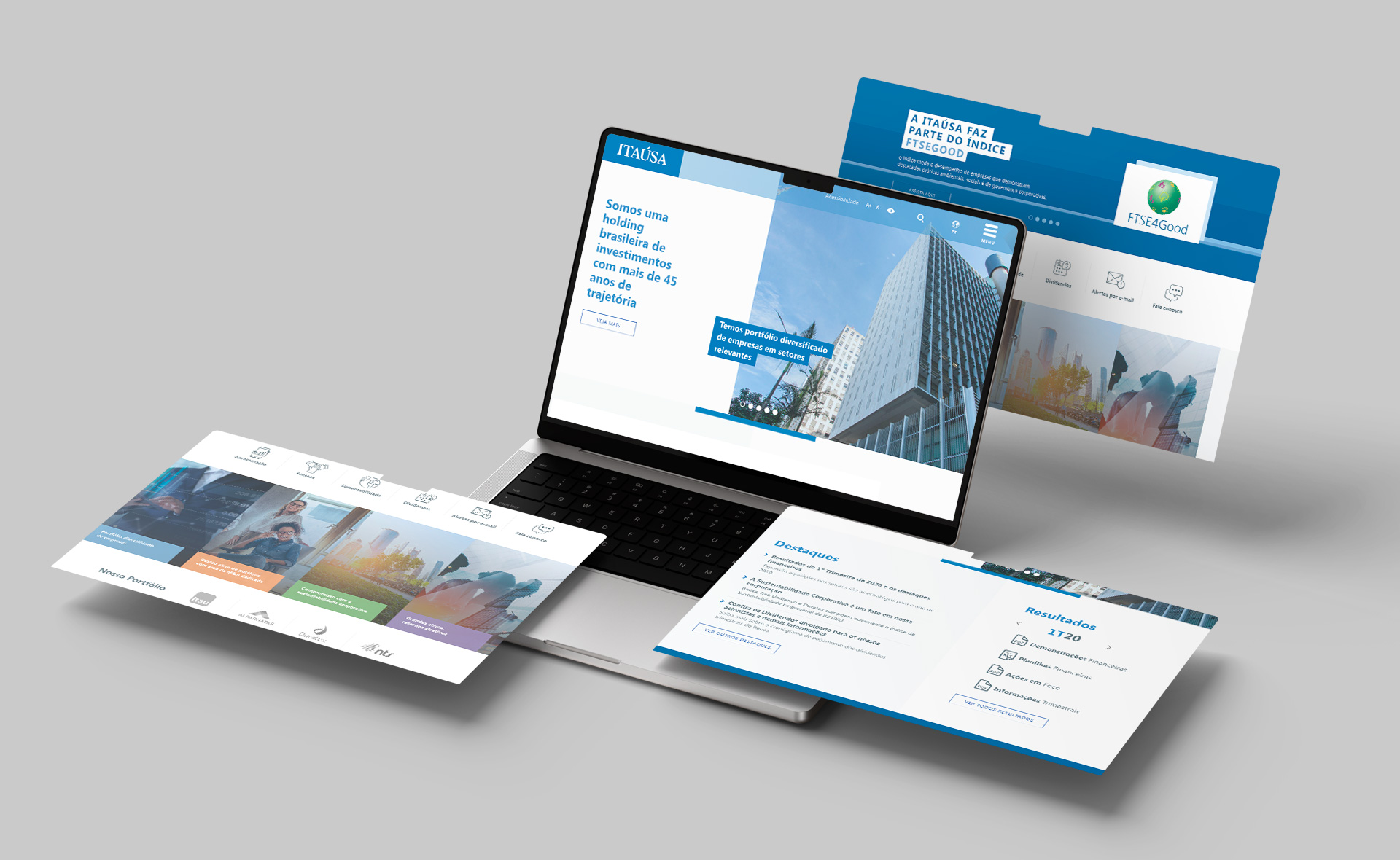 Telas da Home site do Itaúsa, mostrando as seções fragmentas, desenvolvidas pelo Denisson Sousa.