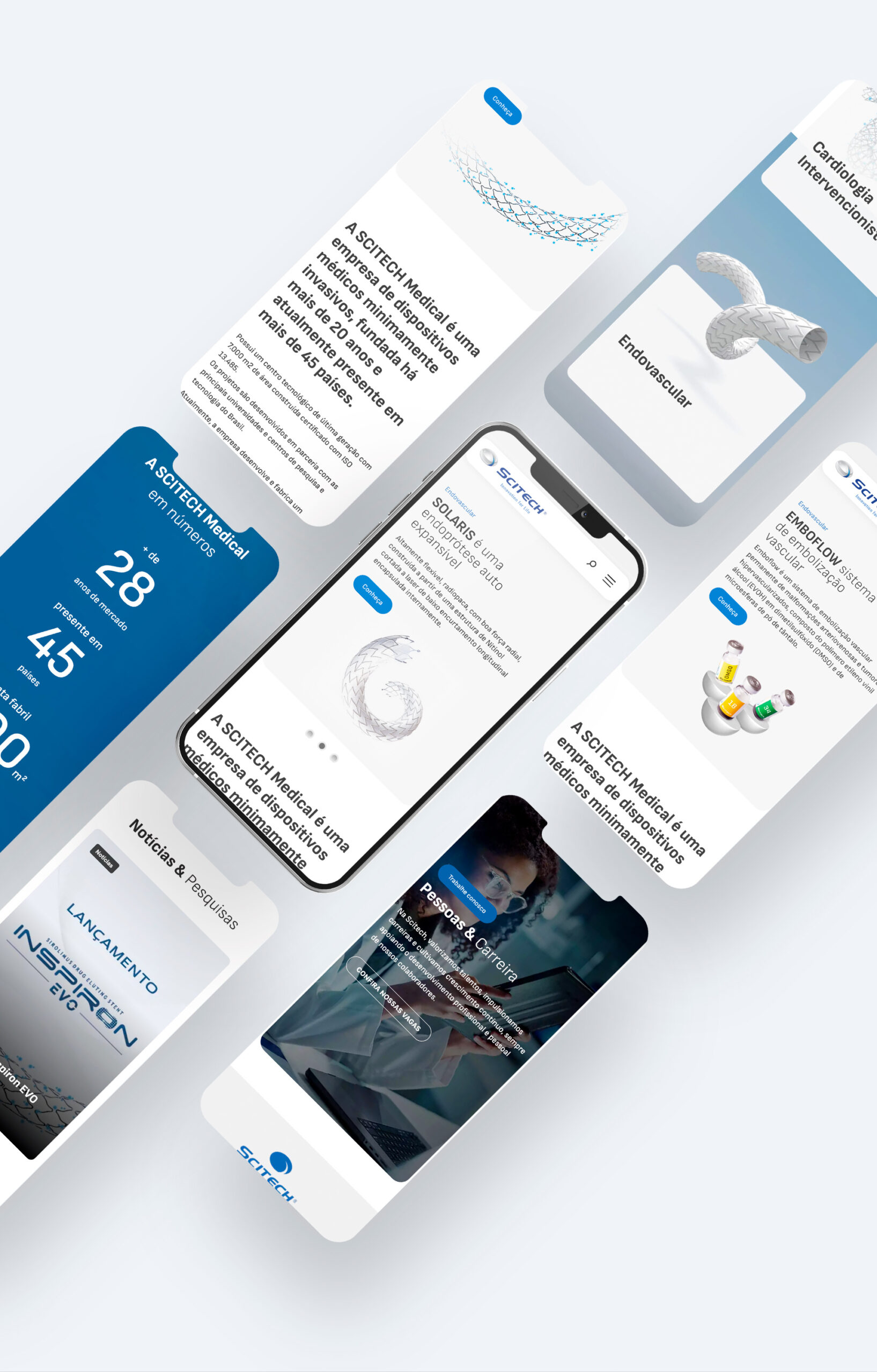 Telas do site Scitech, na versão mobile, desenvolvido pelo Denisson Sousa.