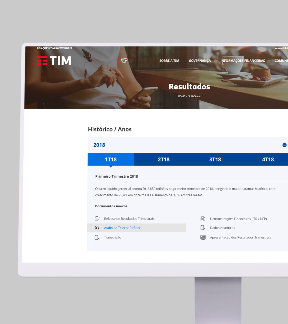 Layout do canal de Central de Resultados da TIM, criado por Denisson Sousa.