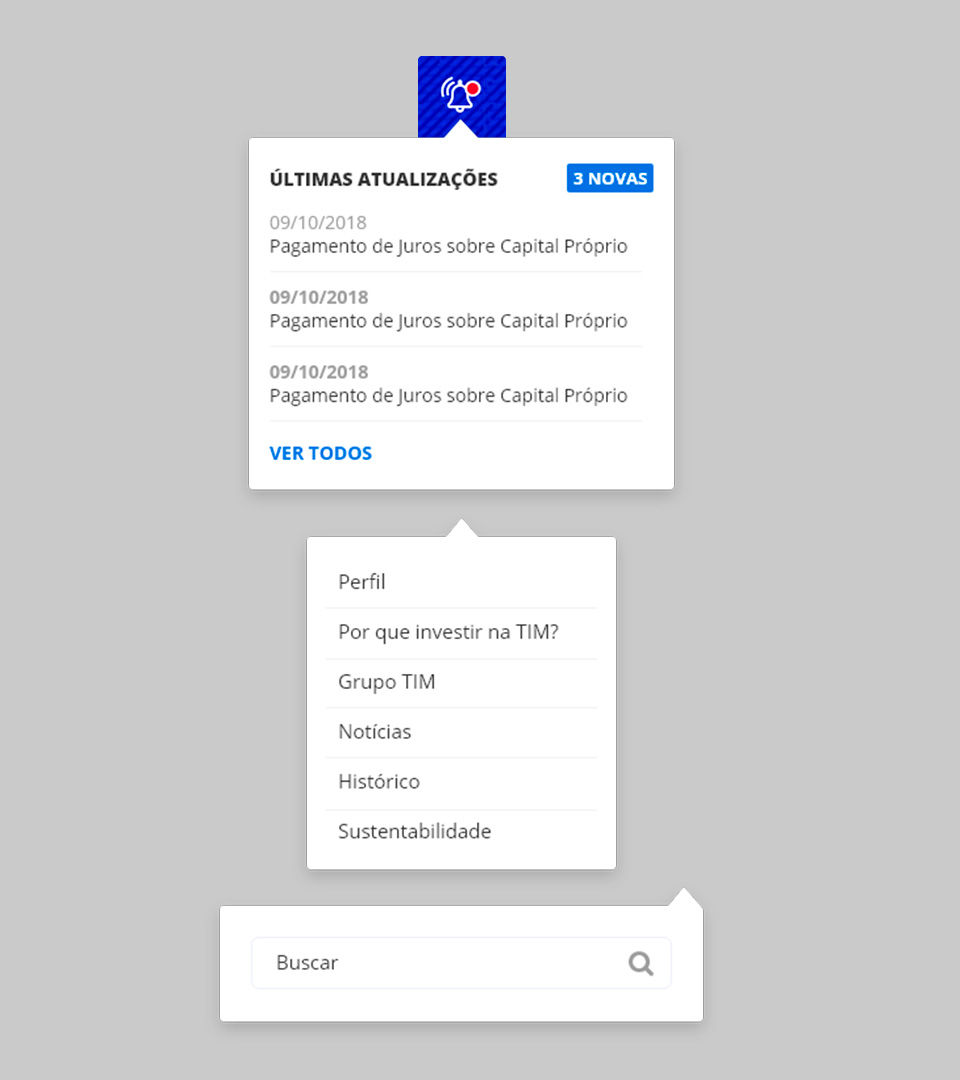 Elementos do Header do site da TIM RI, com o Alertas de últimas atualizações, Menu e a Busca.